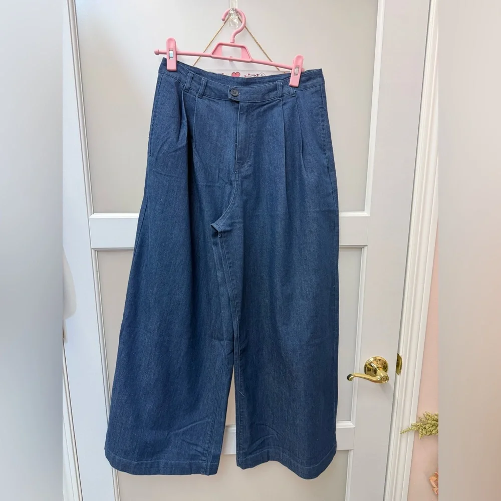 Pleated Wide Leg Chambray Pants – High Waist Lightweight Denim Pants - Picture 8 of 8